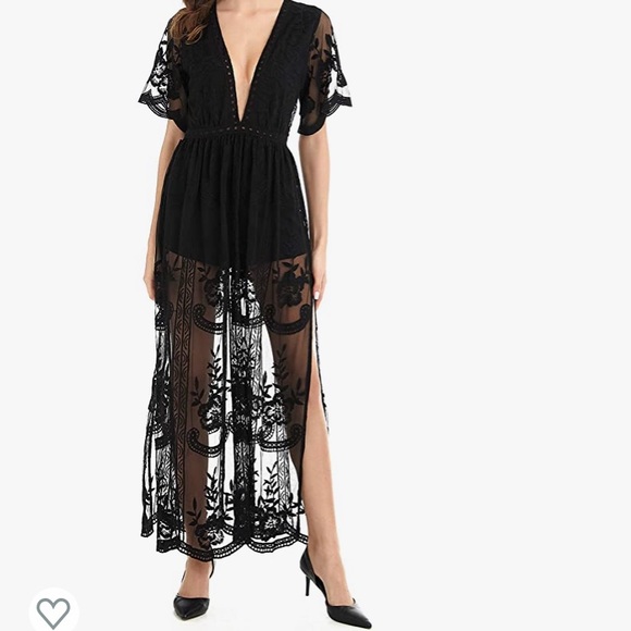 Dresses | Black Lace Romper Maxi Dress | Poshmark